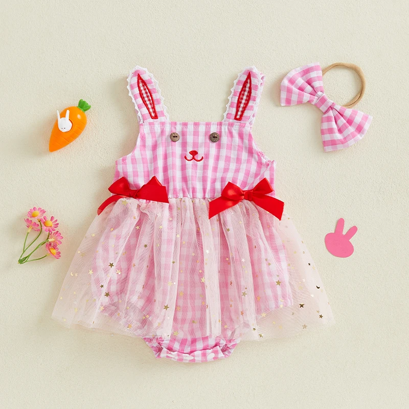 Baju monyet Paskah bayi perempuan, Dress rok Tulle bordir kelinci, bodysuit bayi jumpsuit dengan bandana pita 2 potong