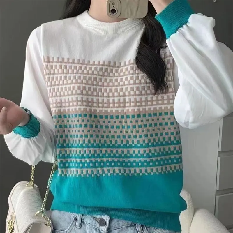 Fashion Plaid Gradient Knitted Shirt Women's Clothing Long Sleeve Commute Spring Autumn Casual Spliced Round Neck Loose Blouse