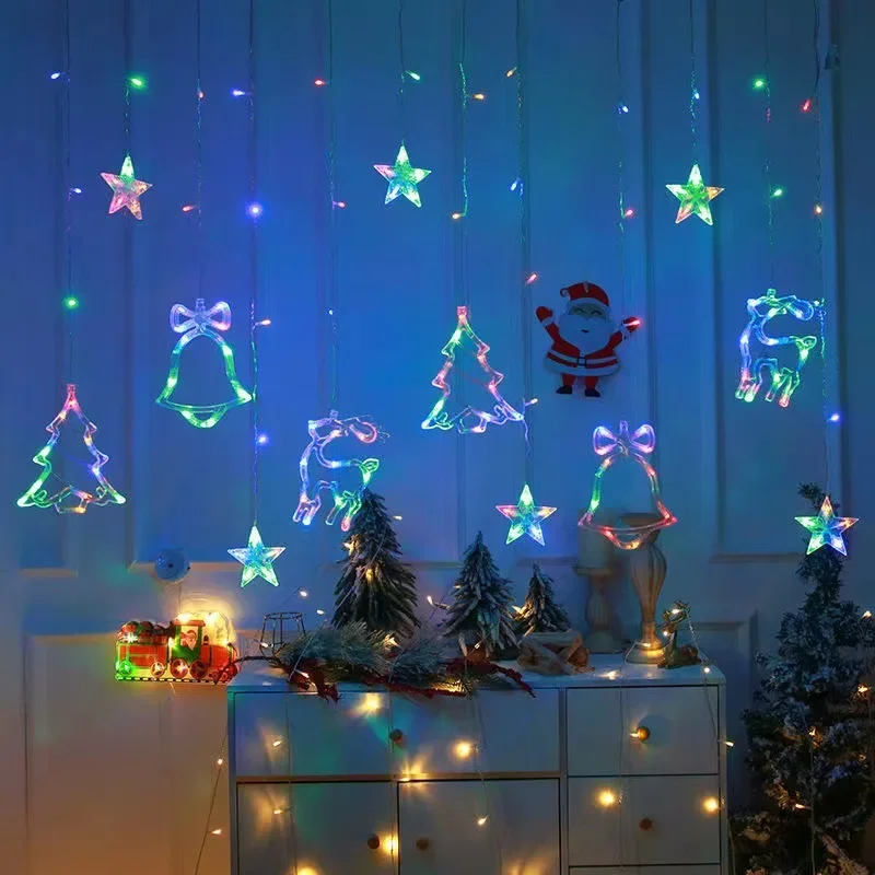 3.5M EU Plug LED Christmas Curtain Lights Deer Star Bell Fairy String Christmas Ornaments Wedding Party New Year Xmas Tree Decor