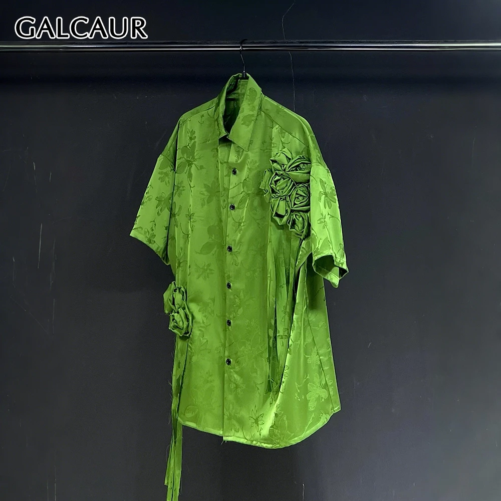 

GALCAUR зеленая рубашка с 3D цветком, женская рубашка с лацканами и коротким рукавом, свободные лоскутные женские рубашки с принтом, летняя новая стильная мода