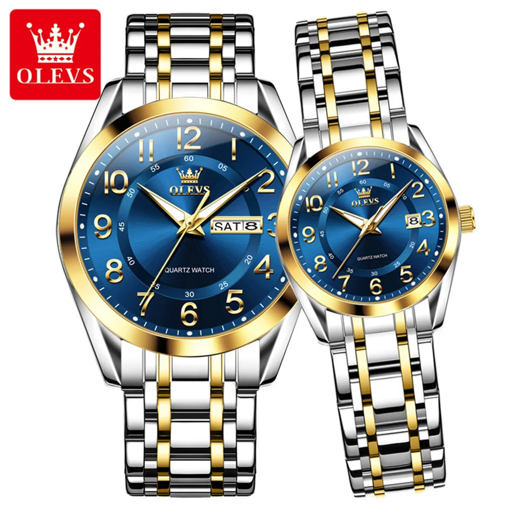 

OLEVS 3666, часы для пар, классические часы с двойным календарем из нержавеющей стали, водонепроницаемые, со светящимся цифровым циферблатом, оригинальные кварцевые часы для женщин и мужчин
