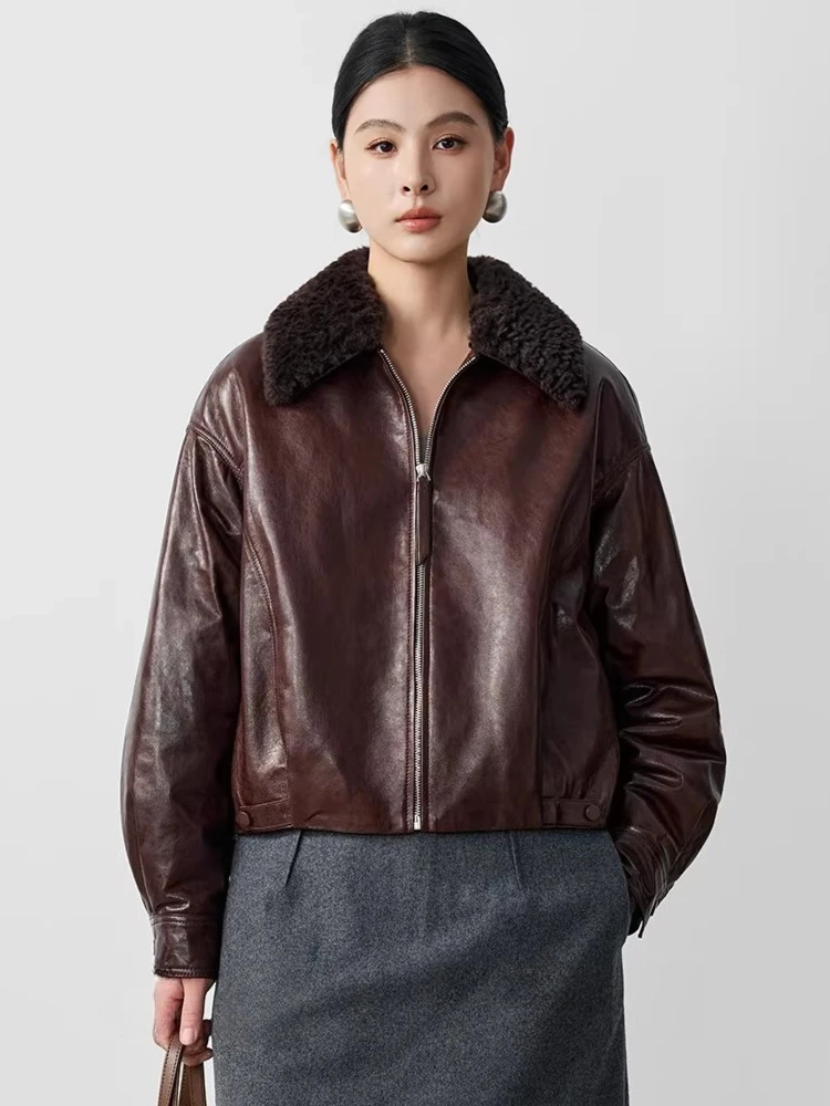 

Short Winter Genuine Leather Goose Down Jackets for Women 2026 New High-end Simple Natural Wool Collar Real Sheepskin Down Coat