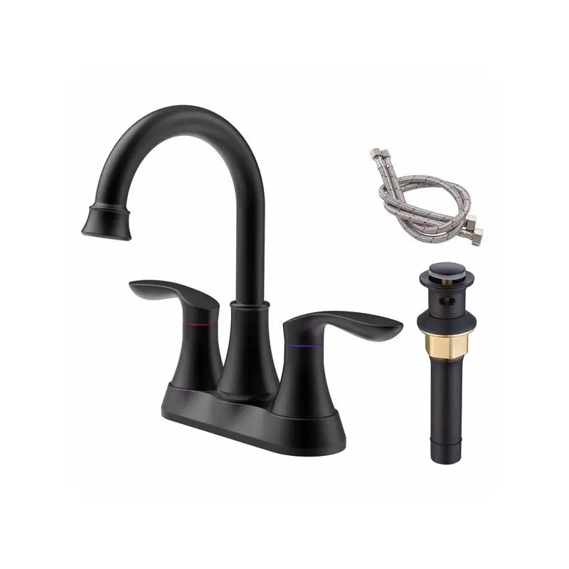 Bateria łazienkowa w kolorze matowej czerni z odpływem pop-up i wężami doprowadzającymi wodę, dwuuchwytowa, obrót 360 stopni °   Wysoki, obrotowy kran do umywalki łazienkowej o średnicy 6 cali.