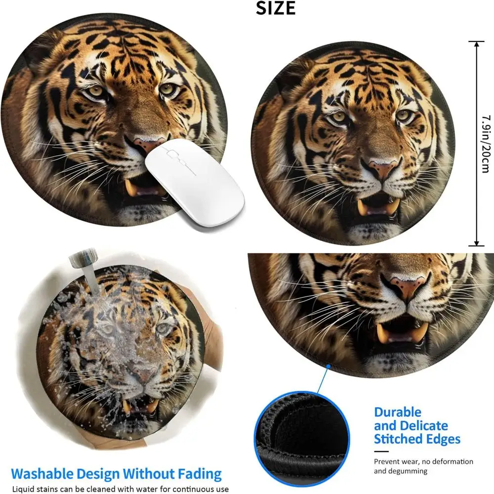 

8-Inch Tiger Round Comfort Gaming Mouse Pad with Stitched Edges, Non-Slip Rubber Base, Waterproof and Washable Computer Mouse Ma
