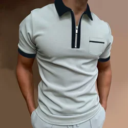 Men's polo shirt lapel pocket solid color T-shirt short sleeve color matching casual slim fashion high quality men's wear