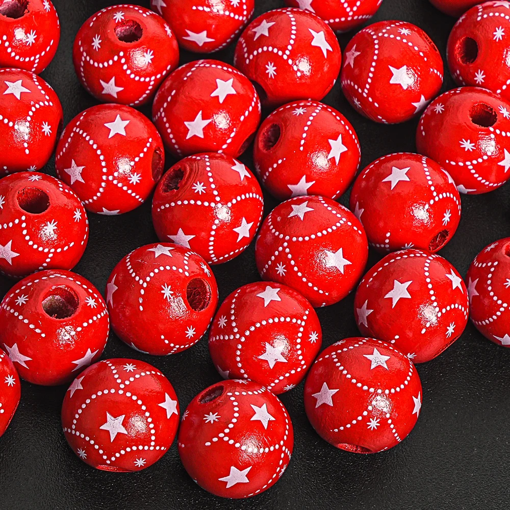 16MM Red Star Wooden Beads Printed Chunky Beads For Jewelry Making Bracelet Necklace Keychain DIY Independence Day Gift