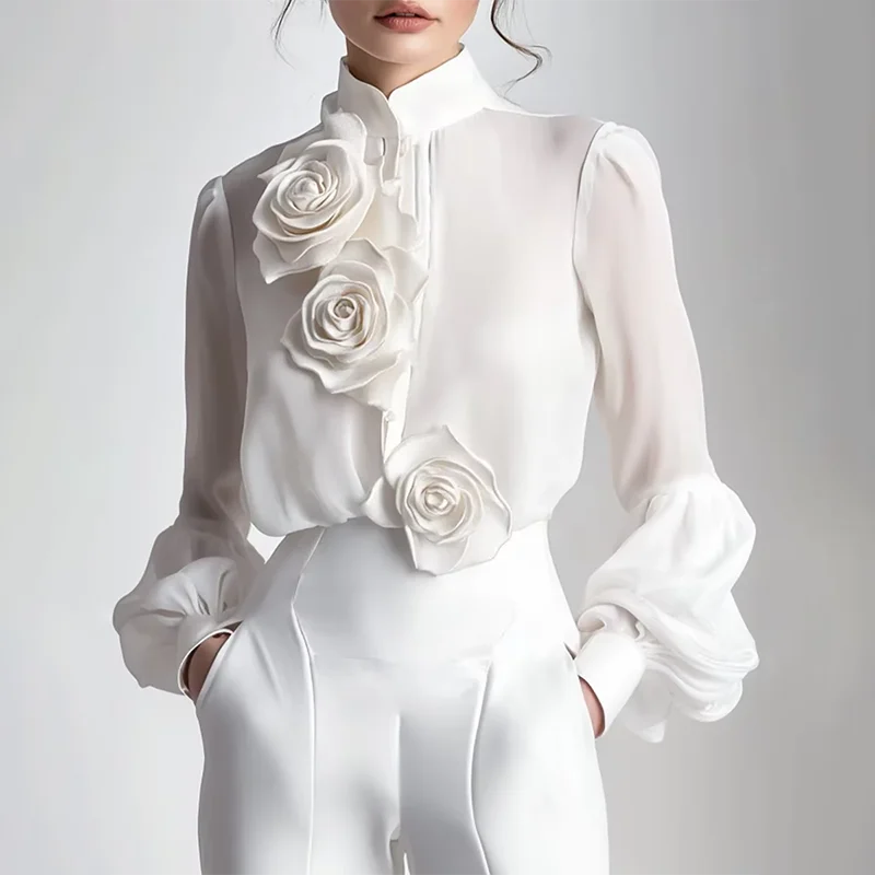 

2025 New Long Sleeves Shirts for Women Spring Summer 3D Rose Flower Chic White Blouse Tops Elegant See Through Female Top