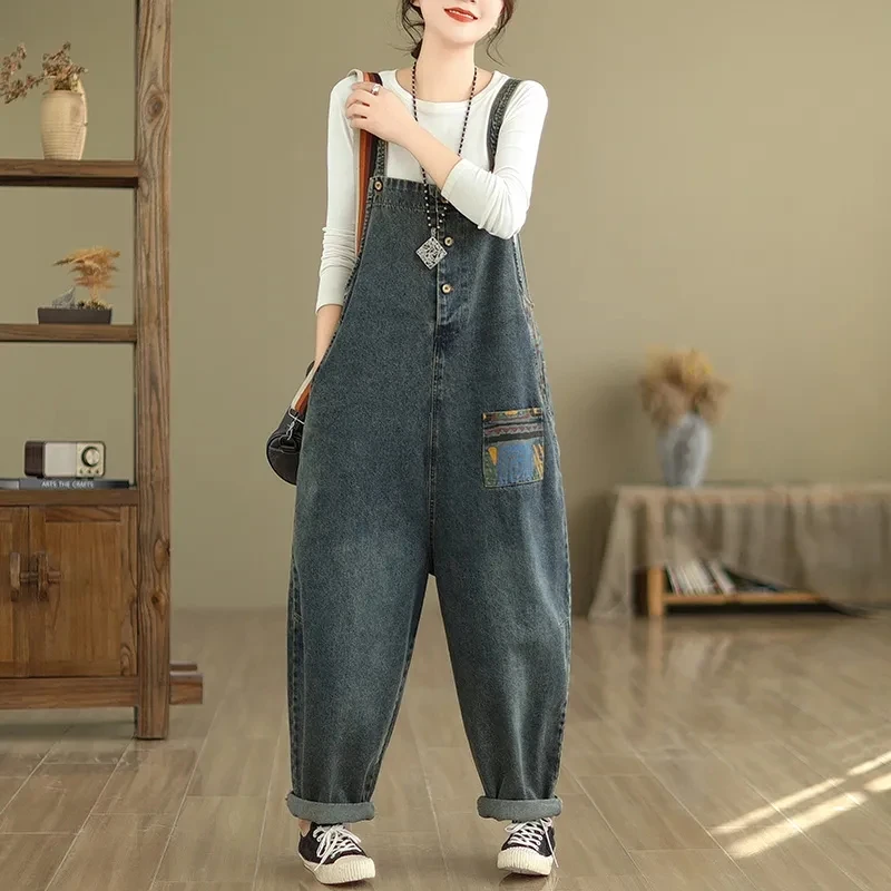 

New Denim Overalls Women's Printed Pockets Vintage Fashion Casual Straight Jumpsuits Washed Patchwork Loose Streetwear Trousers