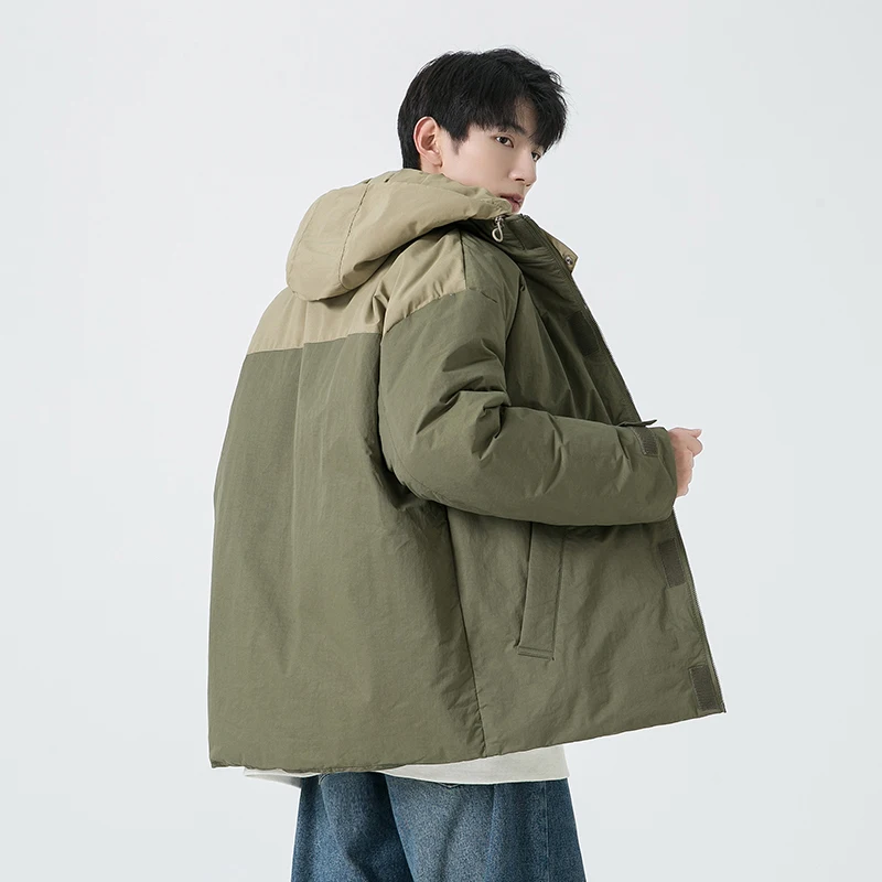 رجل الشتاء سترة منتفخة وهمية قطعتين مقنعين بطة بيضاء أسفل مكافحة البرد زوجين الزي عادية فضفاضة تناسب المألوف شارع العليا