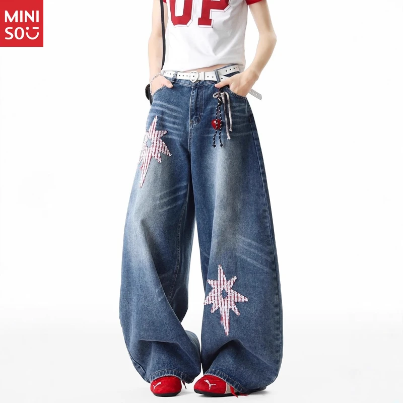 Miniso 3D Star Jeans Women، بنطال أمريكي واسع الساق، بنطال جينز مستقيم أنيق