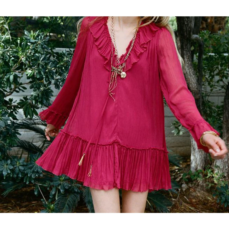 Vestido f de manga crida com decote em V, , com enfeites dous, decorações em camadas, saia psada, elegan...