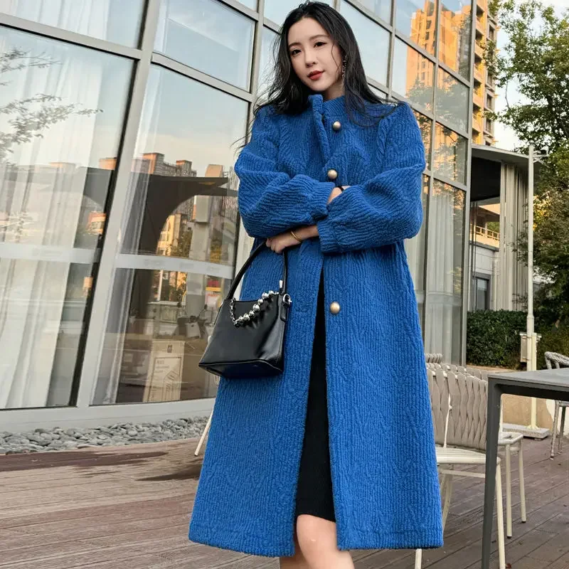 Women Faux Lamb Wool Coat High-End Female Graceful Stand Collar Imitation Fur Outwear Monochromatic Casual Warm Winter Overwear