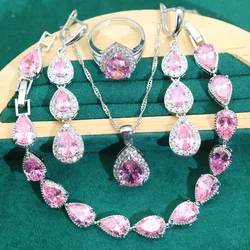 Sweet Pink Zircon Wedding Silver 925 Necklace Jewelry Sets Women Earrings Pendant Ring Bracelet New Year Gift