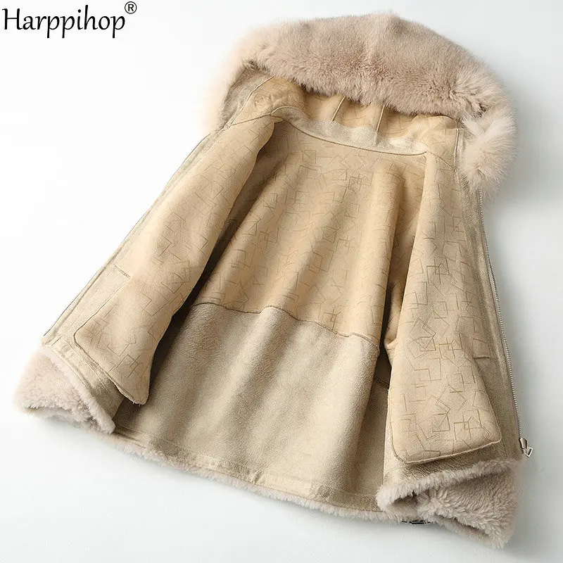 Harppihop Real sheep fur coat jacket overcoat women\'s winter warm genuine fur coats overcoat