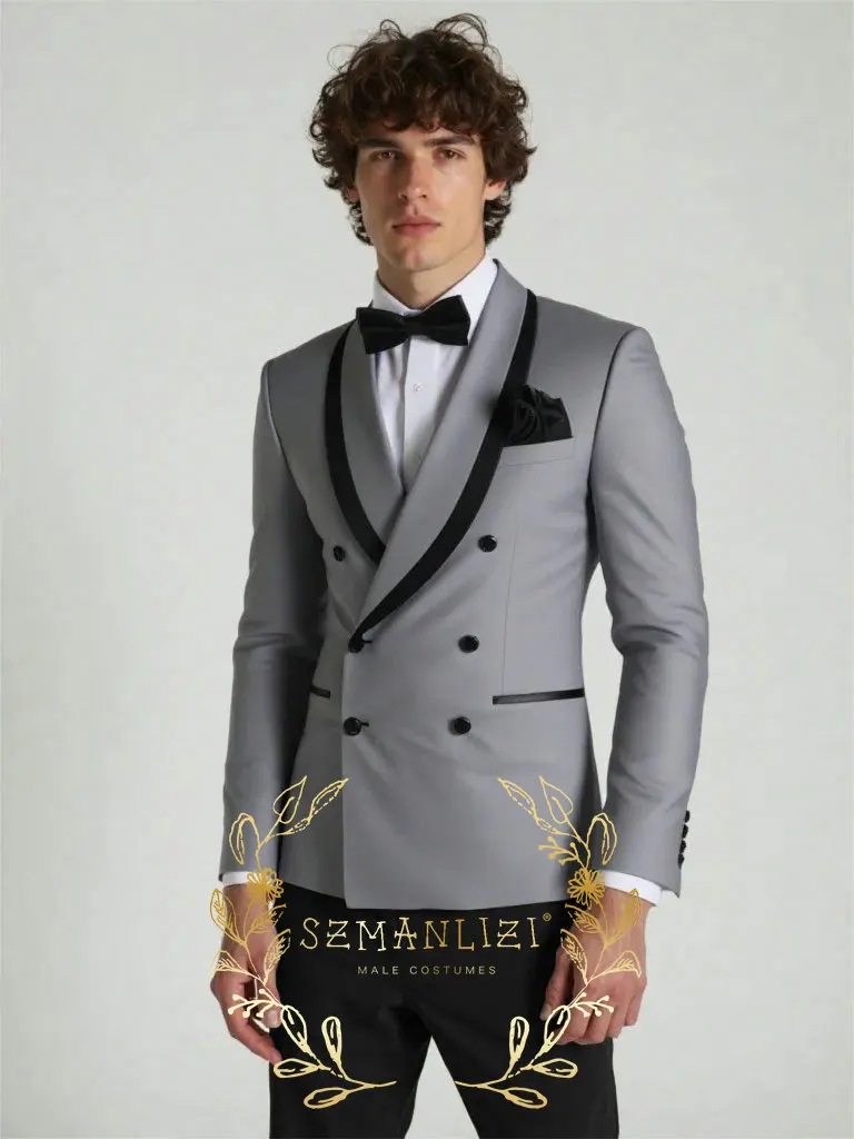 

Double Breasted Light Grey Wedding Tuxedo Slim Fit Shawl Lapel Formal Men Suits 2 Pieces Suit Set Male Fashion Jacket with Pants