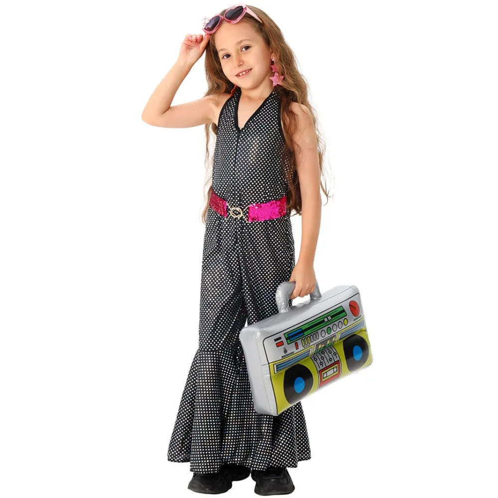 キッズディスココスチューム - 80年代キラキラ輝くスパンコールレオタード＆レギンスセット、ダンスパフォーマンスステージ衣装、ハロウィーンパーティー用