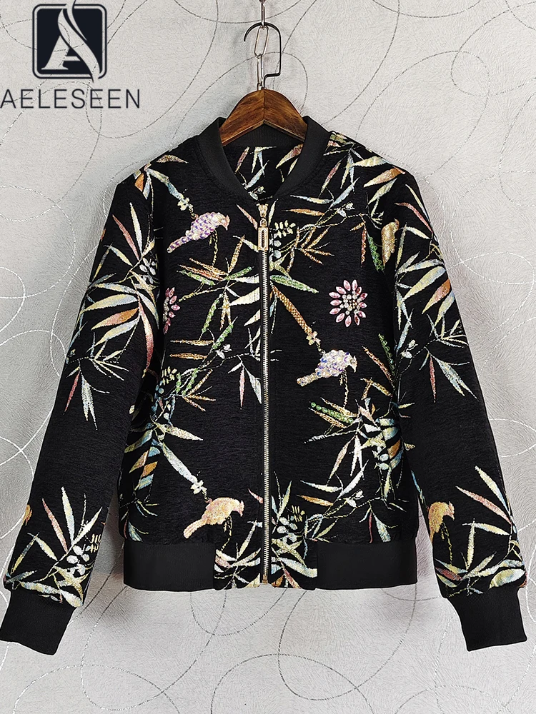 AELESEEN Autumn Winter Casual Jacket Women Runway Fashion Vintage Flower Printed Beading Crystal Beading Elegant Party Female