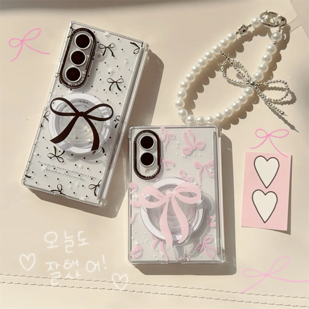 Bowknot Magnetic Grip Phone Case For Samsung Galaxy Z Fold 8 Ultra Z Fold 7 3D Bow Holder Clear PC Shockproof Protective Cover