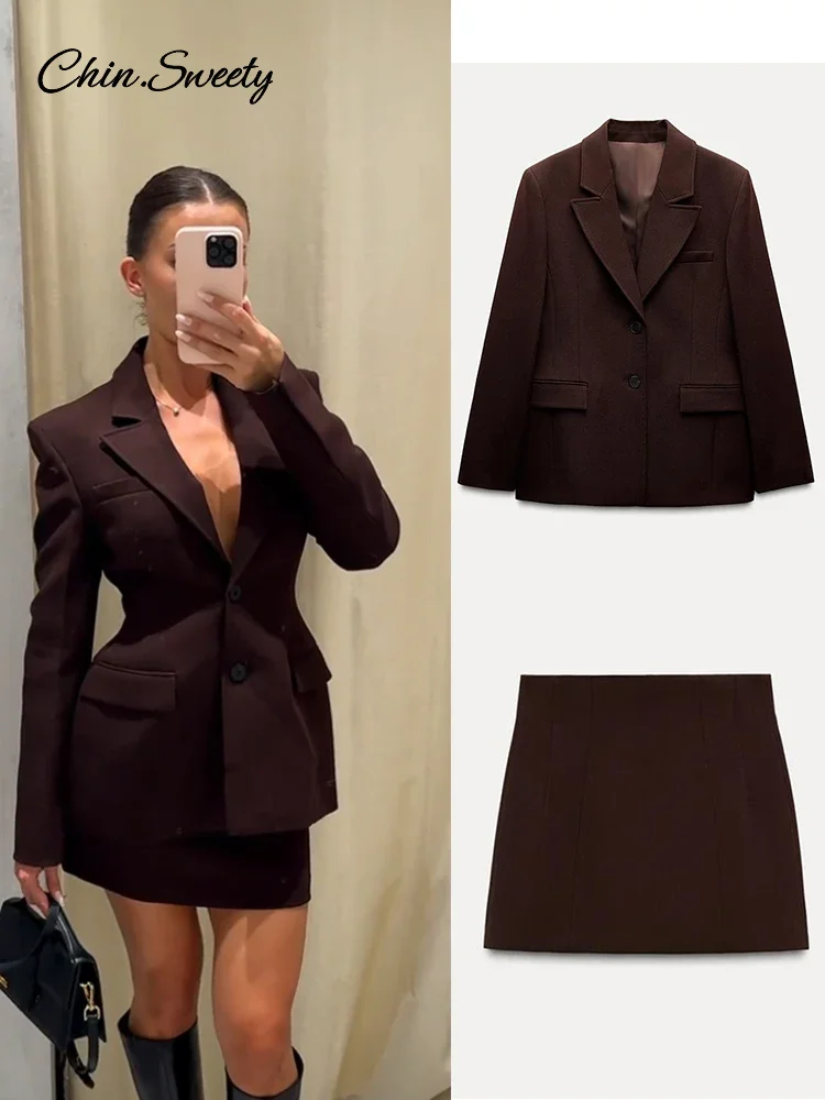 Elegant Blazer Mini Skirt Sets Women Brown Shoulder Pad Cinched Waist Suit Jacket A-line Skirts 2 Piece 2025 Office Lady Outfits