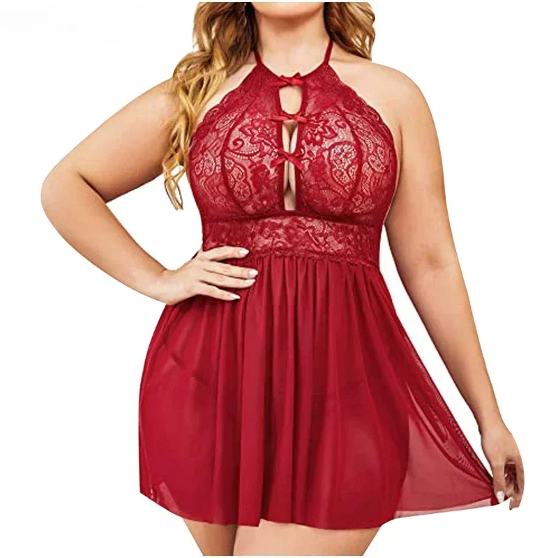 Plus Size Women Lingerie Halterneck Sexy Lace Dress Sexy Underwear Halterback Short Women's Nightdress Women's Two Pieces Set