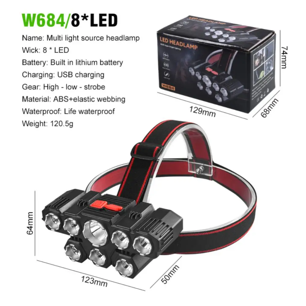 Linterna de cabeza Led ajustable, lámpara de emergencia impermeable, recargable por Usb, con batería integrada, 8 Led, 6 Led