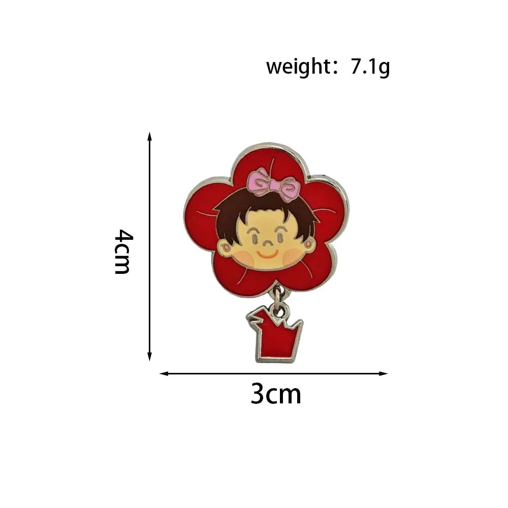 Niedliche Emaille-Pins mit Anhänger, Kawaii-Smile-Girl-Broschen, rote Blumen-Metallabzeichen, Anstecknadel für Rucksack, Jeansjacke, Geschenk. – Detail 8