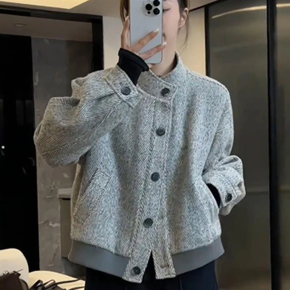 

Серая короткая куртка для женщин, осень-зима, новый стиль, контрастный цвет, однобортный дизайн, повседневное модное свободное тонкое пальто, топ