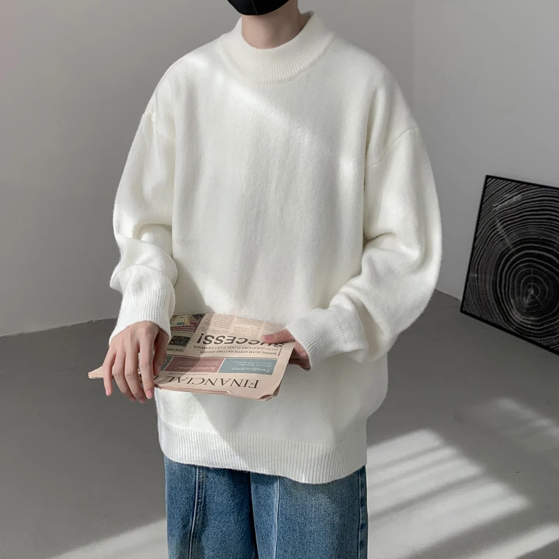 

Loose Men's Knitted Sweater f High Collar Spring Autumn Trendy Base Layer irt Simple Match Boys' Overhead Woolen Sweater