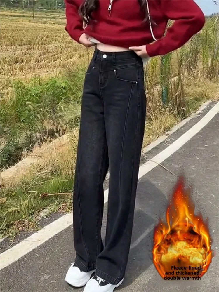 

Джинсы прямого кроя больших размеров с подкладкой, женские, осенне-зимние, свободные, стройнящие, с высокой талией, в пол