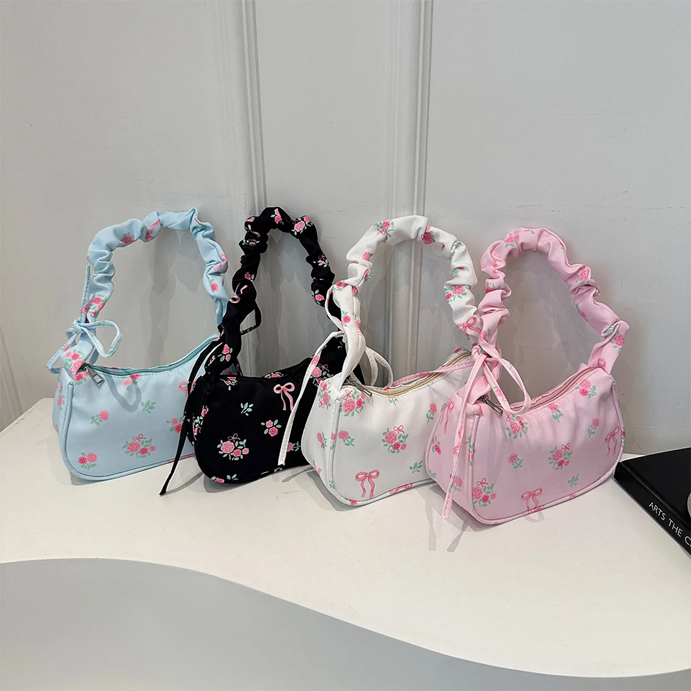 

Women Drawstring Aesthetic Floral Bag Large Capacity Pleated Strap Underarm Bag Adjustable Strap Small Tote Bag Chic Hobo Bag