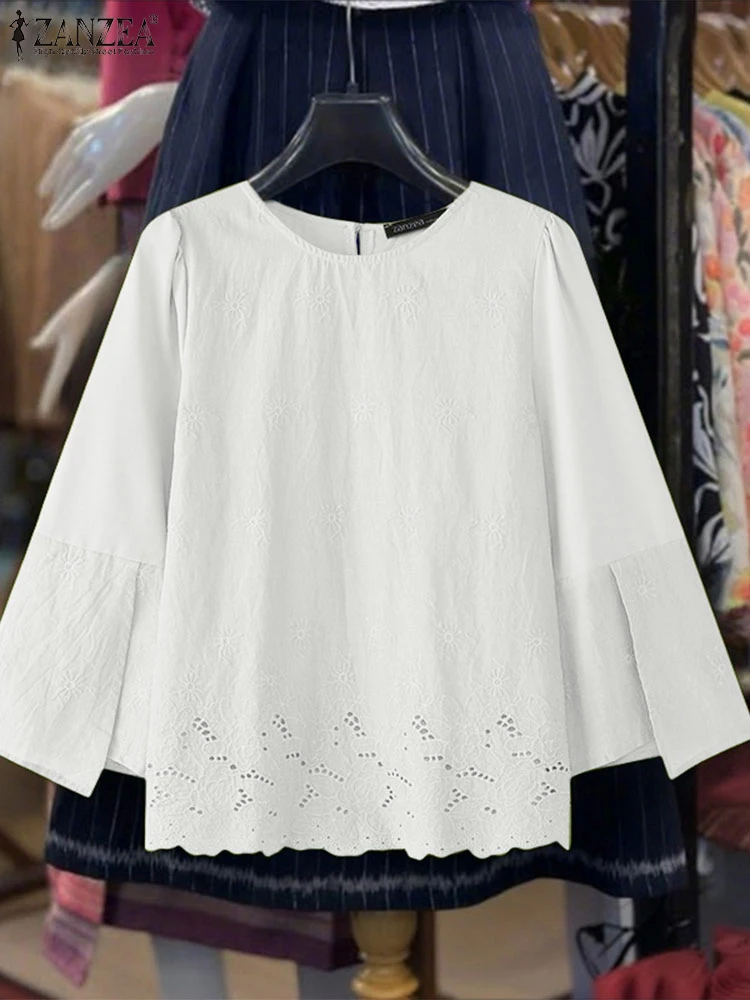 

ZANZEA Summer Lace Blouse Women 3/4 Sleeve Tops 2025 Hollow Out Tunic O Neck Solid Color Casual Blusas Fashion Pullovers Baggy