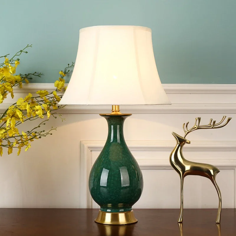 

SANDYHA American Copper Ceramic Table Lamp Fabric Lampshade Design Bedroom Bedside Lights Living Room Study Lighting Fixtures