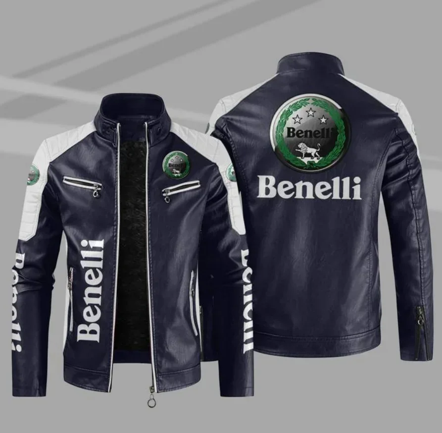 Benelli-Veste de moto en cuir PU pour hommes, vestes de motard patchwork, manteau à fermeture éclair décontracté, vêtements d\'extérieur pour hommes