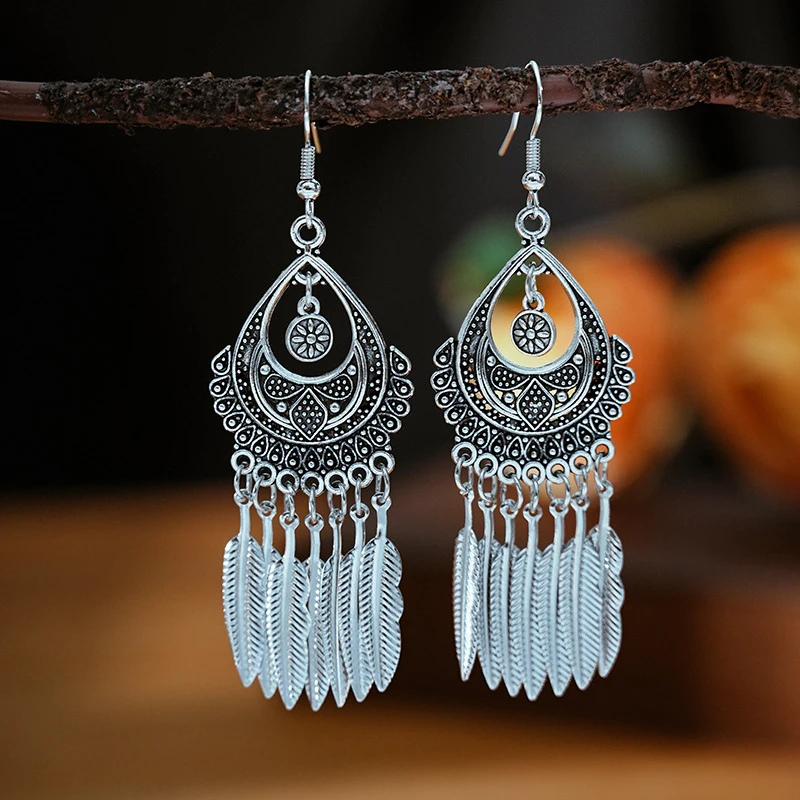 Vintage Ethnic Bohemian Earrings For Women Carved Geometric Boho Beads Tibetan Silver Color Tribe Drop Dangle Earrings Jewelry