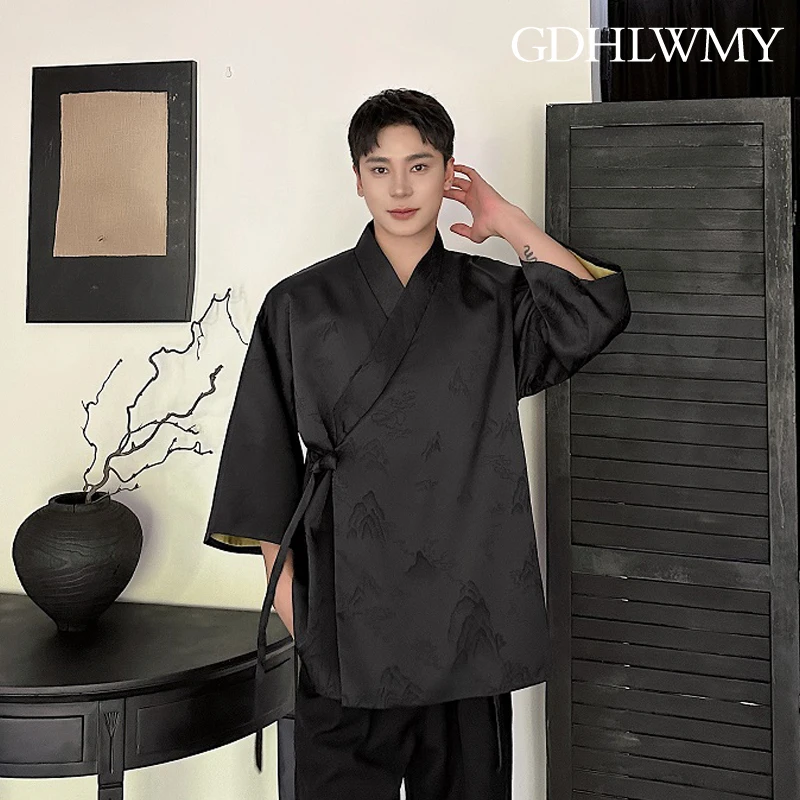 GDHLWMY Chinese Hanfu Landscape Jacquard Brocade Diagonal Collar Strap Men's and Women's Middle Sleeve Daoist Robe Jacket Coat