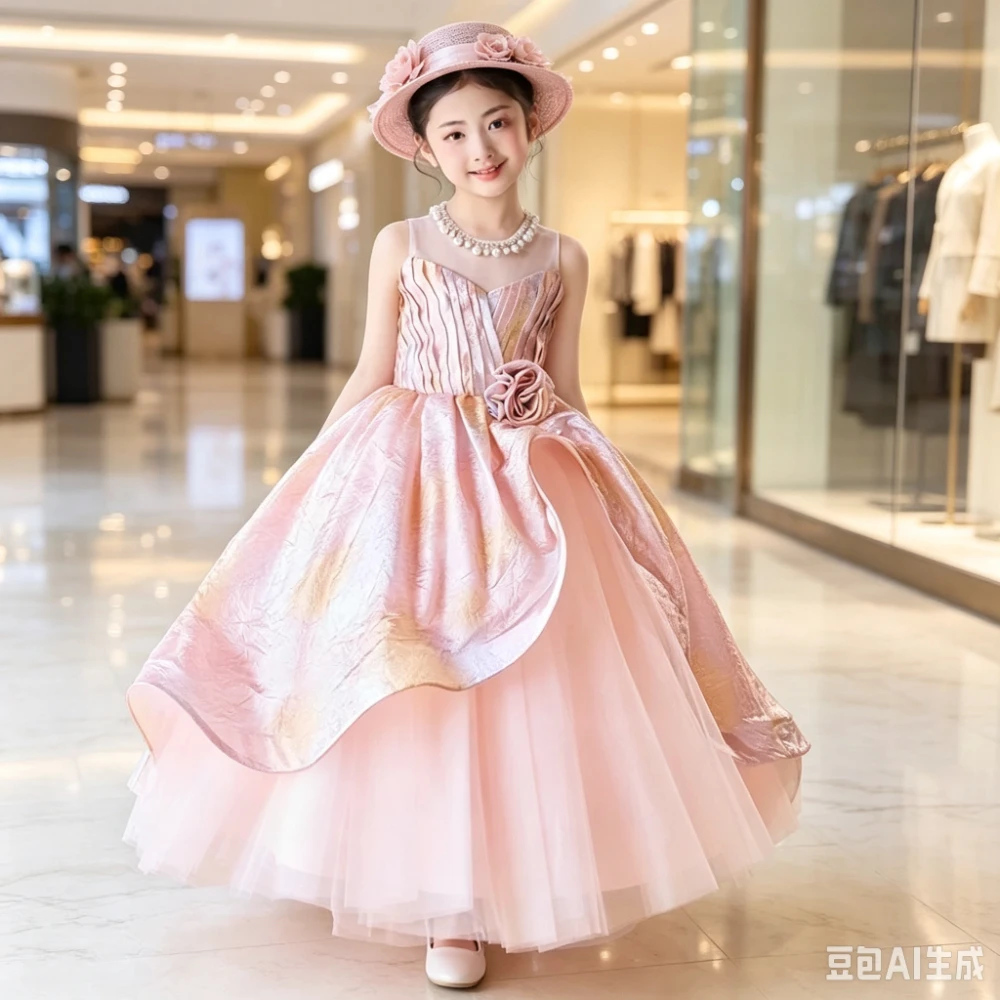 2026 Pink Children Girls Formal Host Party PrincessPerformance Elegant Pageant Costume Gown Wedding Flower Girl Kids Piano