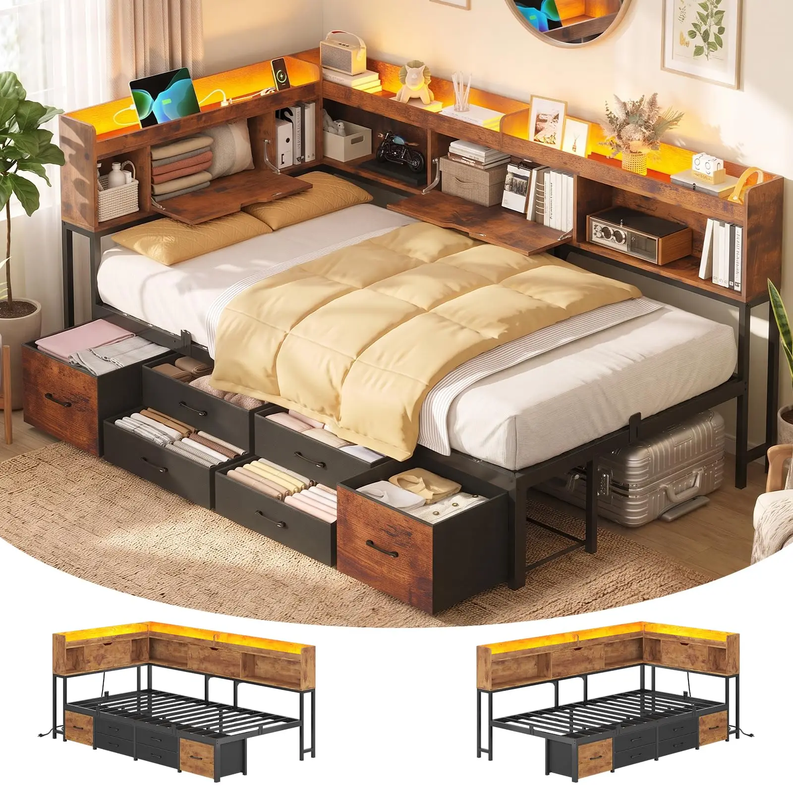 14 Inch Bed Fe with Storage boad & Bookcase & 6 Ders, Twin LED Daybed with Charging Station, Metal Platform Bed Twin