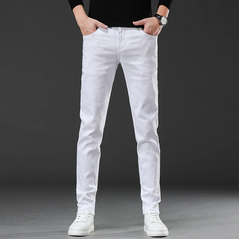 

Мужские джинсы Slim Fit из белого хлопкового стрейч-денима, повседневные, в стиле High Street, осенне-зимние, модные, универсальные, прямого кроя