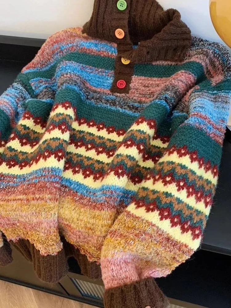 

Vintage Print Harajuku Sweater Women Loose Fall Winter Sweet Knitted Jumper Casual Stand Collar Long Sleeve American Retro Tops