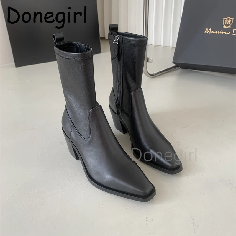 Winter Fashion Women goth boots Genuine Leather Pointed Head Zippers Short Boots Solid Simple Shoes Female Chic elastic boots