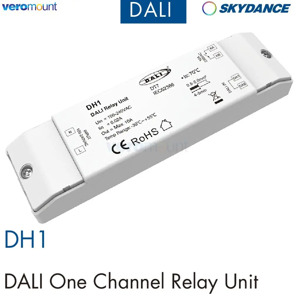 Skydance DH1 DALI One Channel Relay Unit AC 100-240V Input 10A Dry Contact Mains Rated Relay Output High-inrush Specification