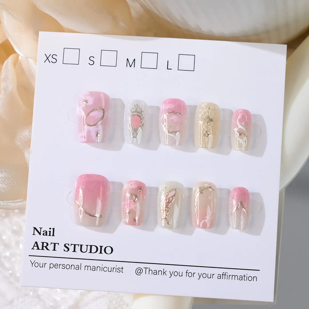 10 قطعة النساء والفتيات قصيرة النمط الفرنسي اضغط على الأظافر الأظافر كاذبة القط العين فراشة تصميم غطاء كامل انفصال مسمار نصائح