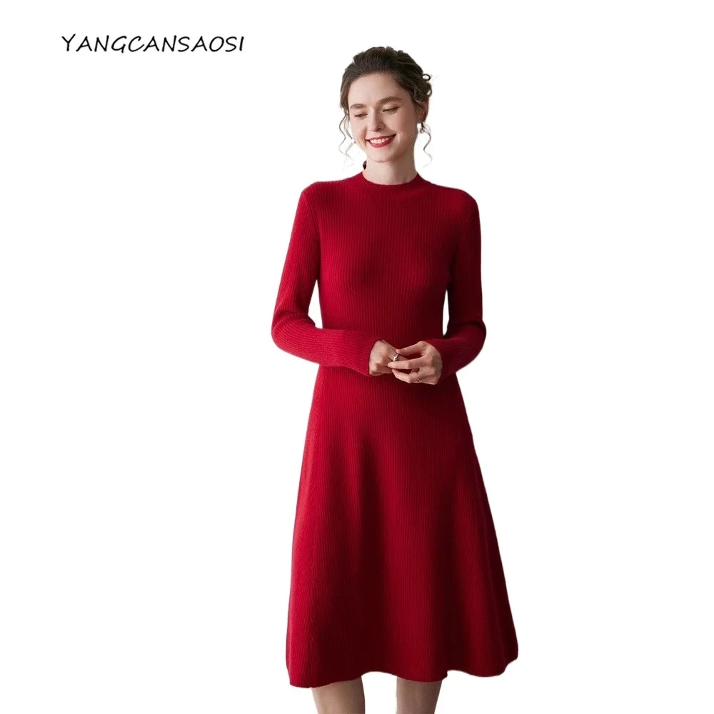 2026 Nieuwjaar Dames Herfst/Winter Kleding 100% Kasjmier Halfhoge Hals Kerst Effen Kleur Lange Mouwen Feestjurk