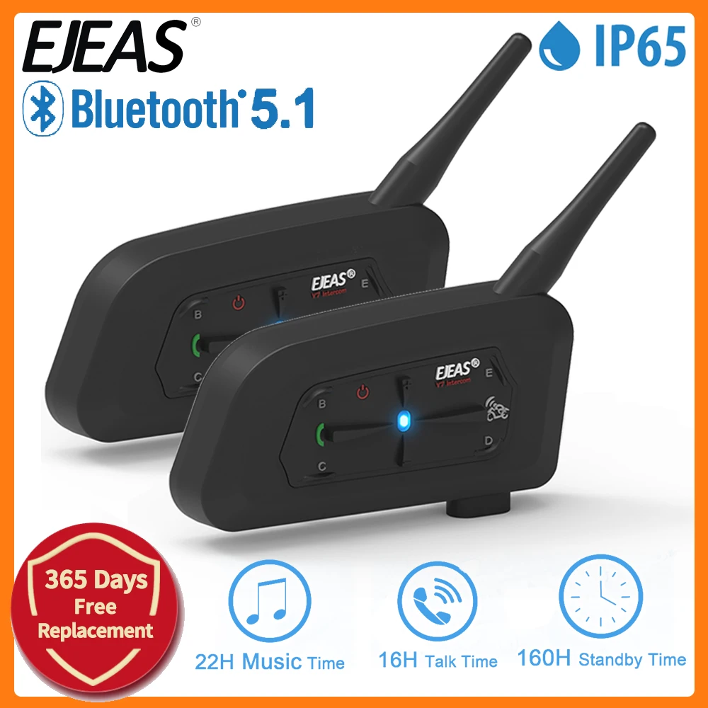 

EJEAS V7 мотоциклетный шлем Bluetooth-гарнитура для внутренней связи подключается к двух мобильных телефонам Bluetooth 5.1 для 7 гонщиков 700 м IP65 водонепроницаемый