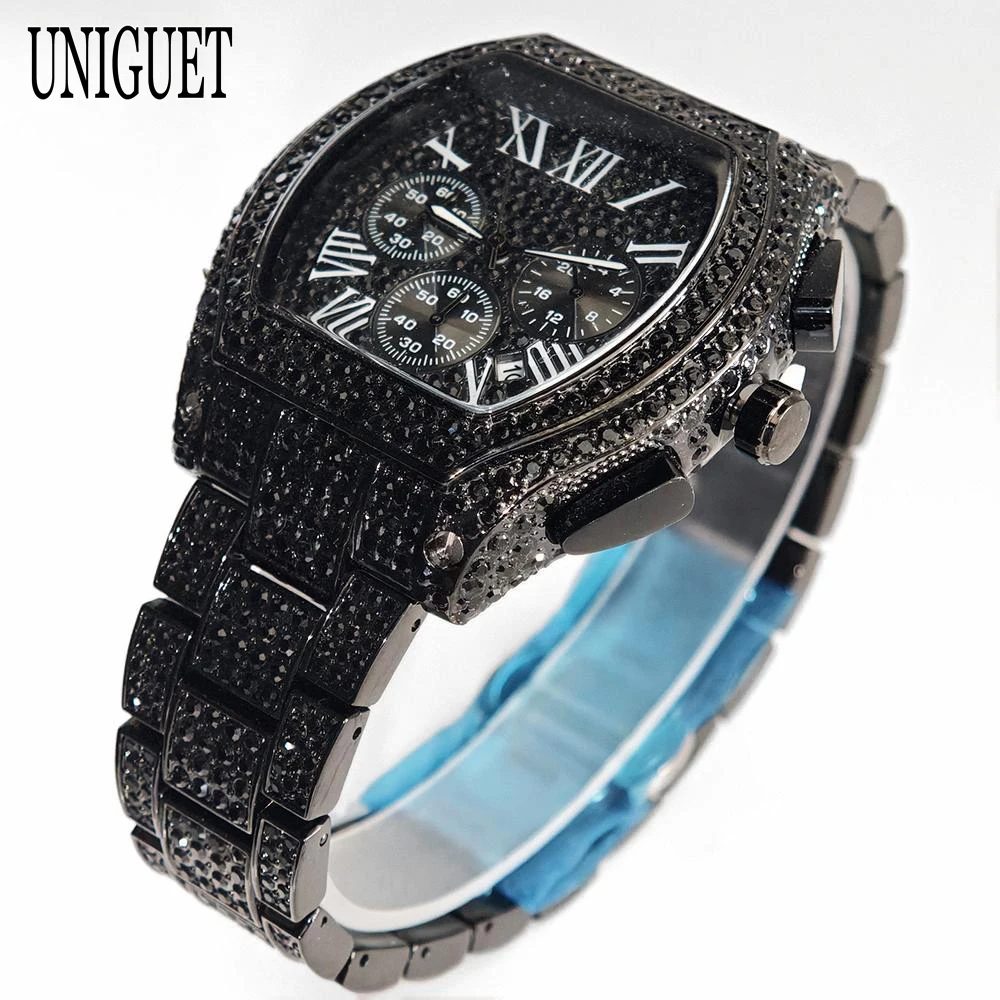 2025 Top Luxury Watches Men Fashion Brand UNIGUET Hip Hop Diamond Bling Tonneau Quartz Wristwatches Business Iced Out Men Clocks