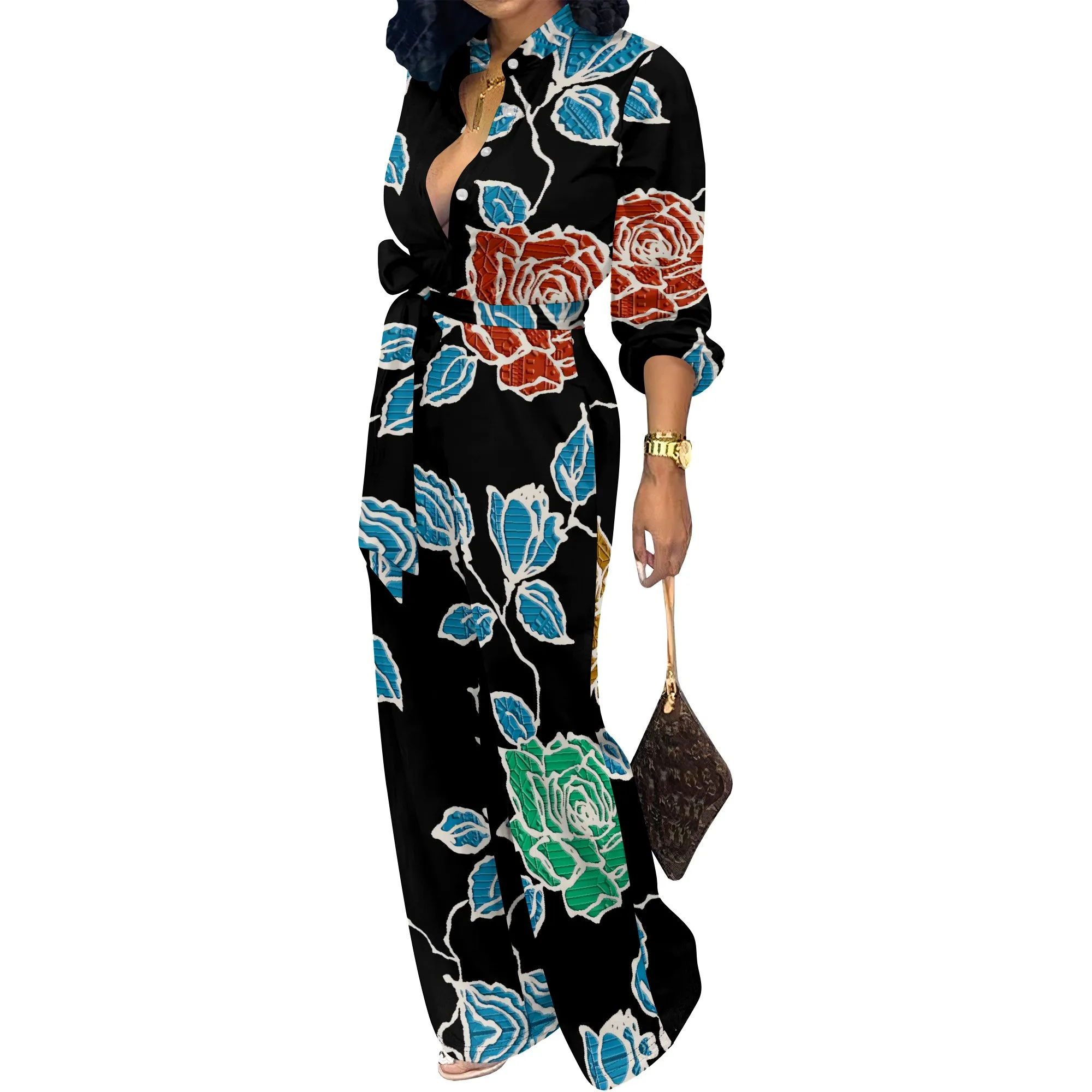 Women’s Long Sleeve Jumpsuit Colorful Leaf Print Belted Waist Loose Fit Wide Leg Casual One Piece