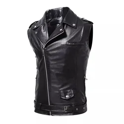 Leather Vest Jacket Men Fashion Slim Fit Short Motorcycle Sleeveless Waistcoat Zipper Biker PU Black Faux Leather Jacket Male