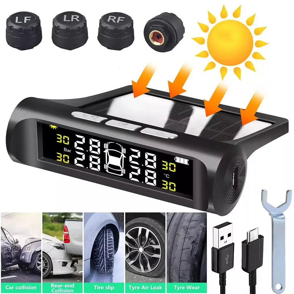 Solar Power TPMS Car Tire Pressure Alarm Monitor System Alarm Security Temperature Tyre Auto Warning Pressure Systems X0G4