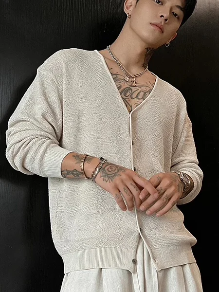 Loose Fit V-Neck Linen Sun Protection Jacket Men's Knitted Light Weight Summer Air Conditioning Outerwear Bamboo Rayon Coat