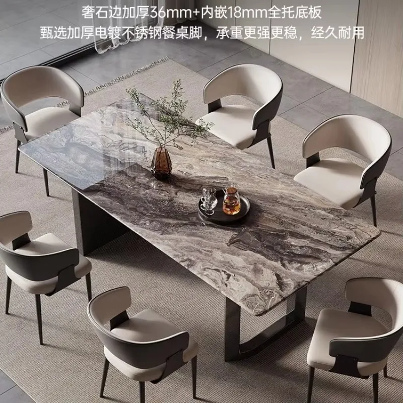 

Brown luxury stone dining table household villa large high-end rectangular marble dining table and chair combination
